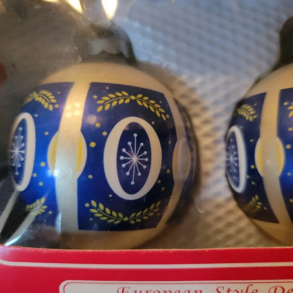 2 Vtg Christmas Glass Ball ORNAMENTS Blue Shrink Wrap centers